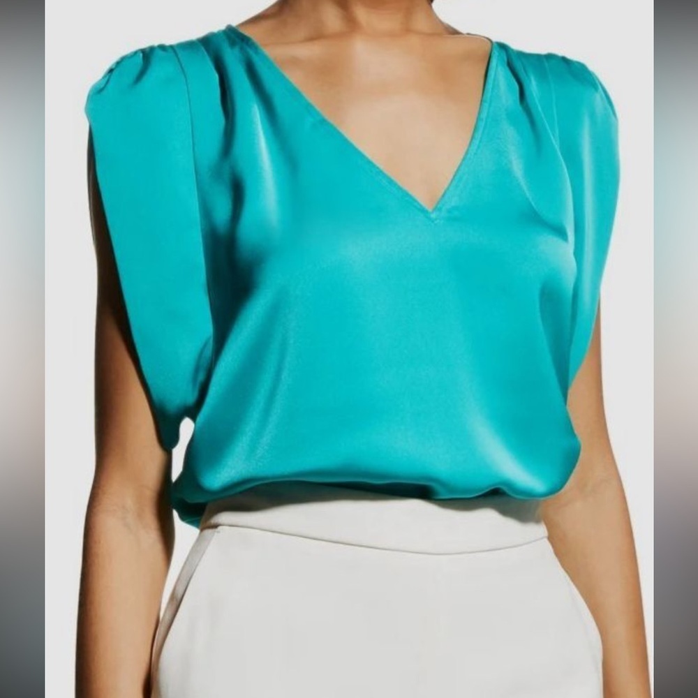 Ramy Brook size P (XS) Women's Satin Short Dolman Sleeve V-Neck Blouse Top